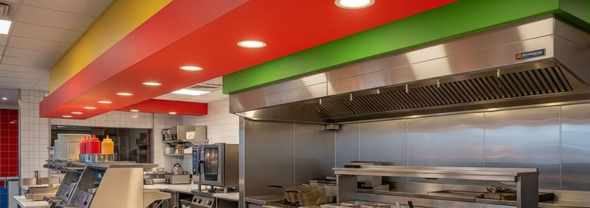 Commercial franchise kitchen equipment including commercial ovens, fryers, and prep stations available for leasing