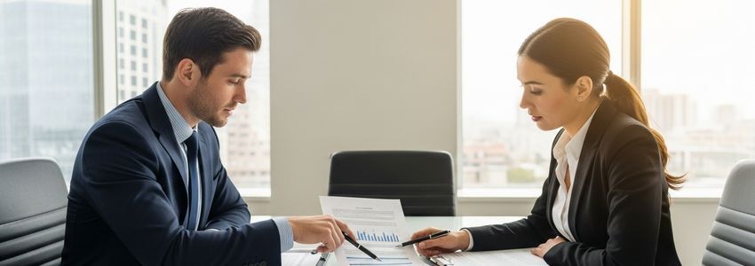 Business professionals reviewing franchise financing documents in a conference room