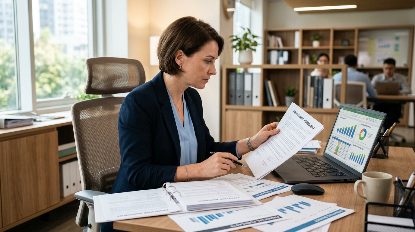Small business owner reviewing franchise financing documents at a modern office desk with financial charts visible on laptop