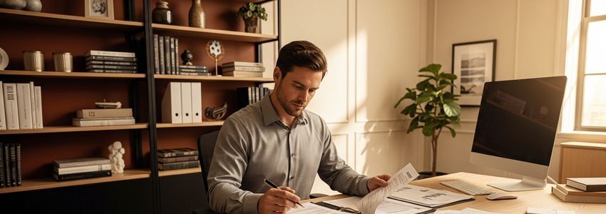Business owner reviewing franchise financing documents at a professional office desk