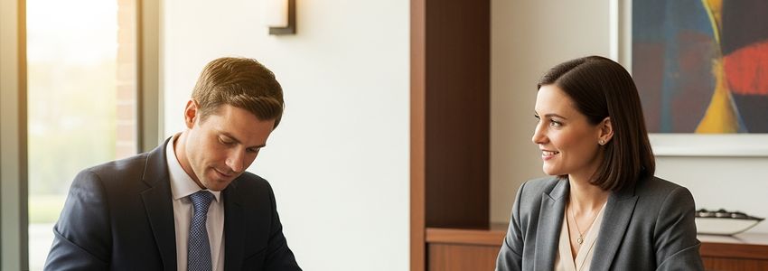 Business professionals reviewing franchise financing documents at a conference table