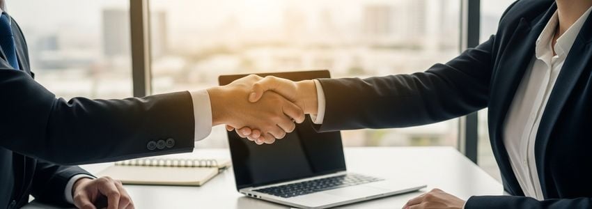 Business professionals reviewing franchise loan documents and shaking hands on a deal