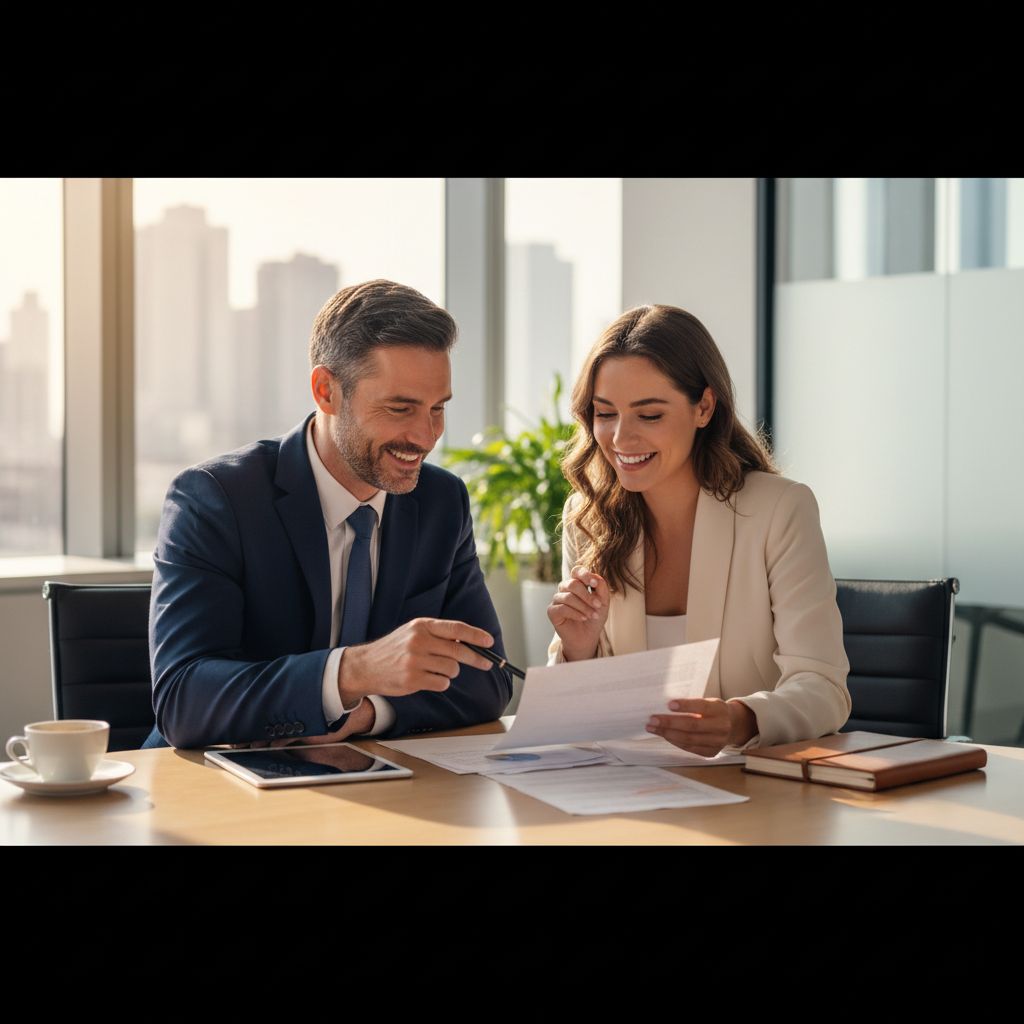 Franchise owner and lender reviewing franchise loan documents at a conference table