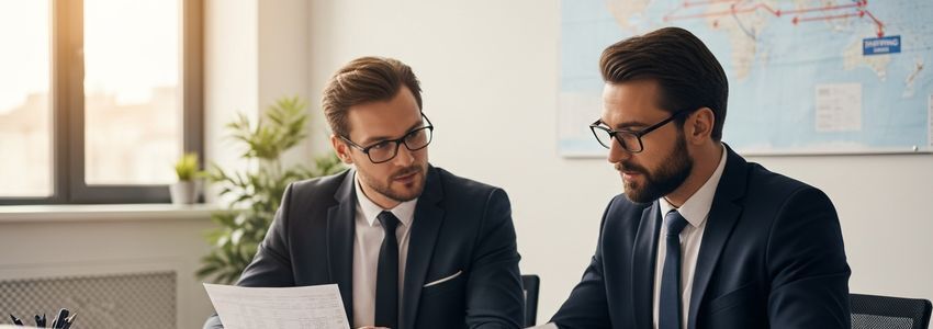 Freight forwarding business professionals reviewing shipping documents and financing plans at office table