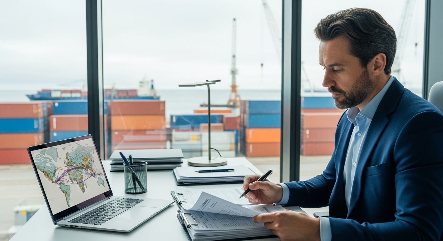 Freight business owner reviewing shipping financing options at a logistics office