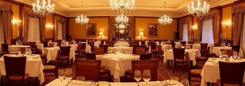 Elegant French restaurant dining room with white tablecloths and crystal chandeliers representing the ambiance that French restaurant business loans help create