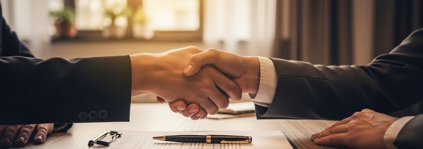 Two business people shaking hands over a signed agreement, representing a friends and family funding deal