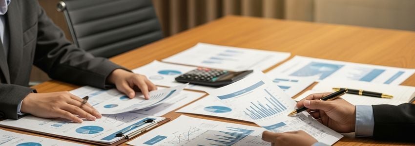 Business professional reviewing loan documents in a professional office meeting