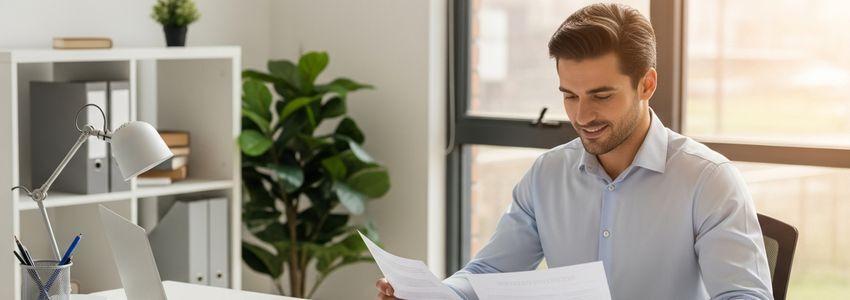 Small business employee reviewing benefits documents at a modern office desk