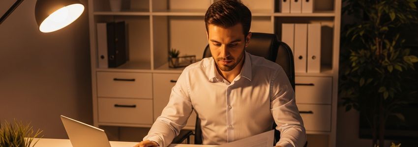 Frozen yogurt shop owner reviewing business loan documents at a desk