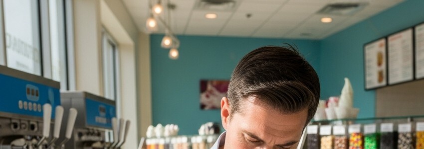Business owner reviewing frozen yogurt equipment financing paperwork inside a froyo shop