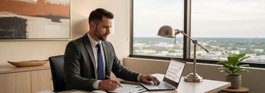 Fuel delivery business owner reviewing financing documents with a tanker truck in the background