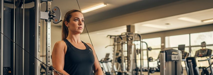 Fitness professional using a commercial functional trainer cable machine in a modern gym