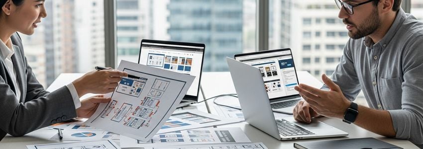 Business owner and developer reviewing e-commerce development plans