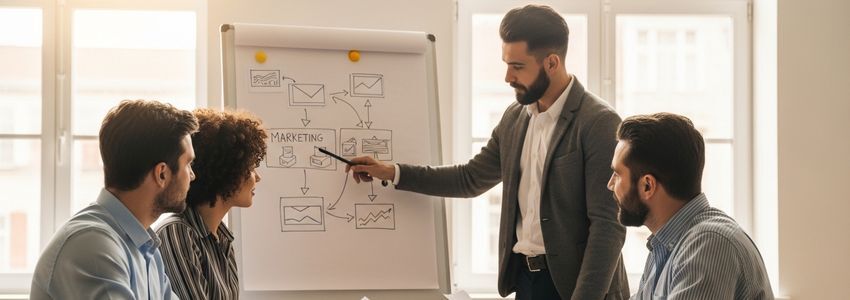 Marketing team collaborating on paid advertising campaign strategy in a modern office