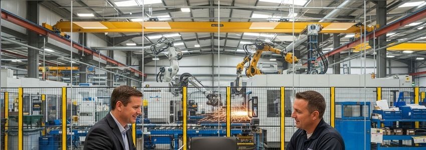 Business owner reviewing industrial equipment financing options with financial advisor