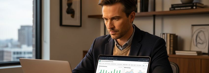 Fundraising service company business professional reviewing loan options and financial data at modern office desk