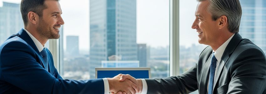 Business owner and investor reviewing fundraising plan at a modern office