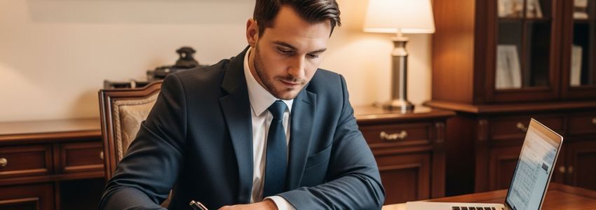 Funeral home director reviewing business financing documents at a professional office desk