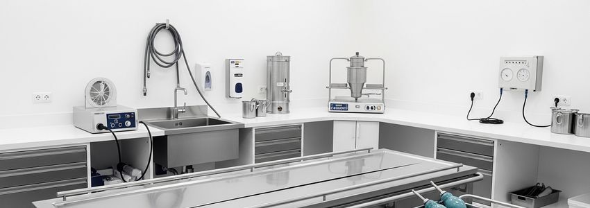 Funeral home preparation room with professional mortuary equipment for funeral equipment financing