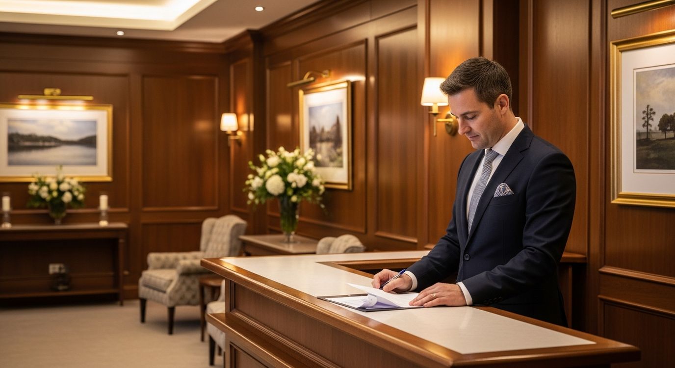 Funeral home owner reviewing financing options at a professional desk