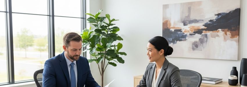 Business owner and financial advisor reviewing furniture manufacturer loan documents in a professional office