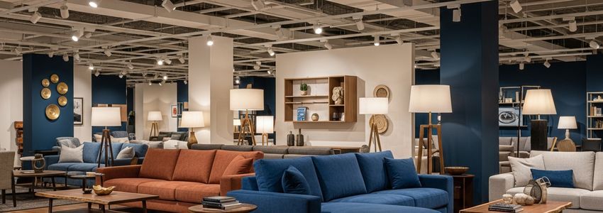 Furniture retailer reviewing financing options for showroom expansion in a modern furniture store