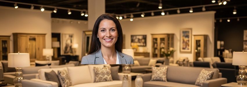 Furniture store owner in showroom reviewing financing options for their retail business