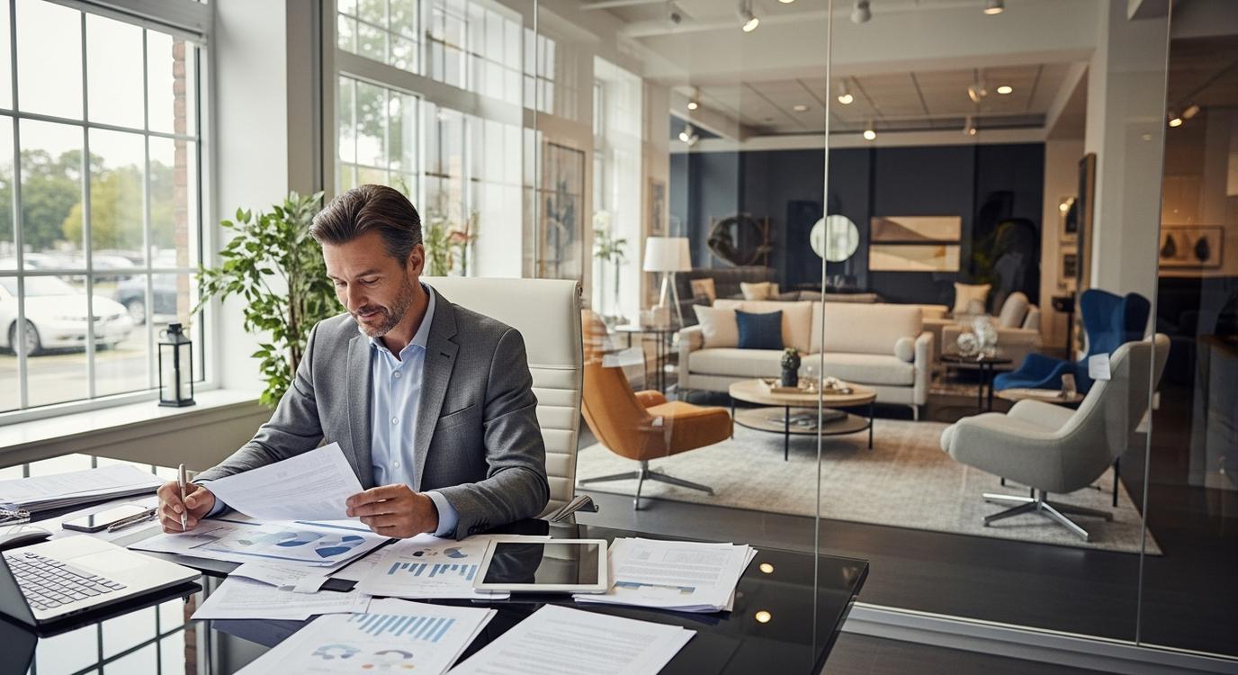 Furniture store owner reviewing financing documents at desk with showroom visible through glass partition