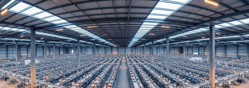 Modern automated warehouse and distribution center representing the future of equipment leasing with AI and automation