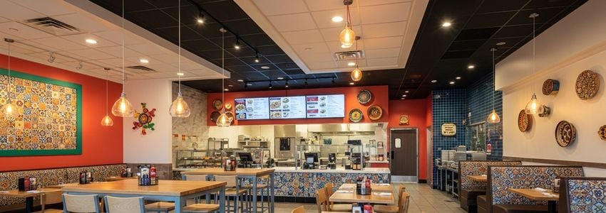 Modern fast-casual Mexican restaurant interior with colorful decor and inviting atmosphere for Fuzzy's Taco Shop franchise