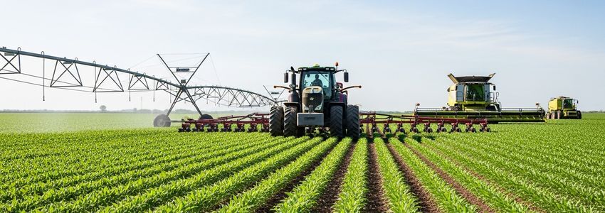 Agricultural farm equipment and crops in Georgia field