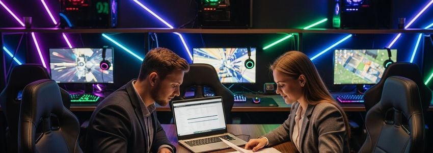 Gaming lounge owner reviewing financing options at a modern esports cafe with multiple gaming stations