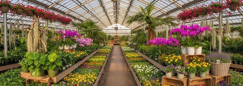 Garden center greenhouse interior with rows of colorful plants and flowering arrangements