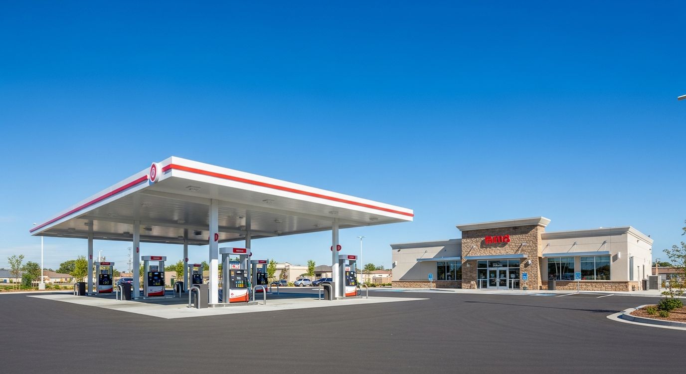 A gas station and convenience store with fuel dispensers under a modern canopy