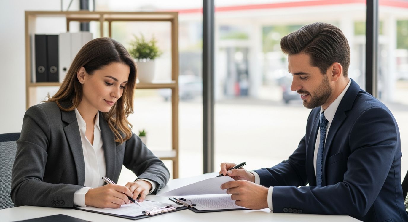Gas station owner and lender reviewing financing documents at an office desk