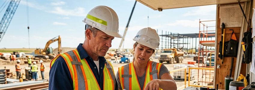 Construction business owners reviewing project documents on a job site while discussing rising insurance and operating costs