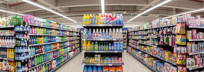 General merchandise store interior with fully stocked retail shelves displaying diverse household products and everyday items