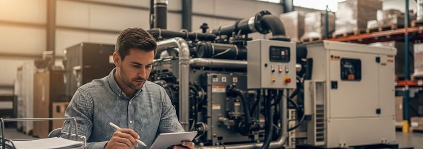 A business owner reviewing generator financing options at a commercial facility