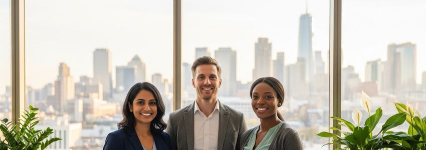 Small business professionals planning geographic expansion strategy with financing documents and maps