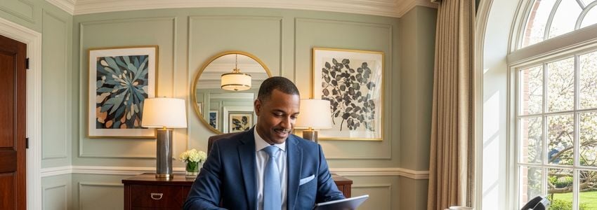 Georgia hospitality business owner reviewing financing options at hotel desk