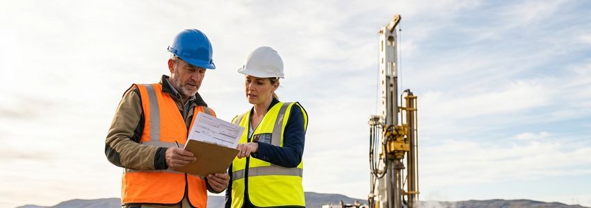 Drilling contractor and financing advisor reviewing equipment paperwork beside a geothermal drill rig on a job site