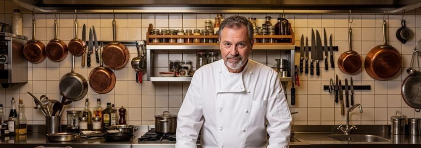 German restaurant chef reviewing business documents in a professional kitchen
