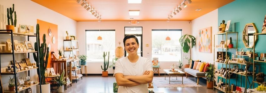 Small business owner in Gilbert Arizona standing proudly in their colorful retail shop