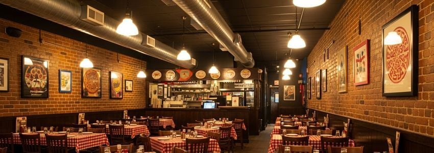 Small business owner reviewing Giordano's franchise financing options at a pizza restaurant