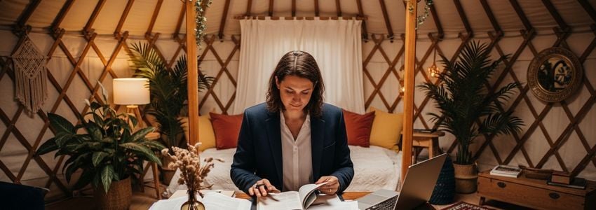 Glamping business owner reviewing financing documents at luxury outdoor property
