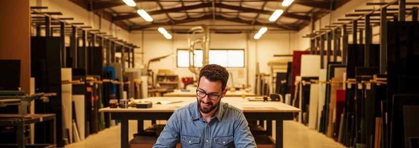 Glass company owner reviewing business loan financing options in workshop