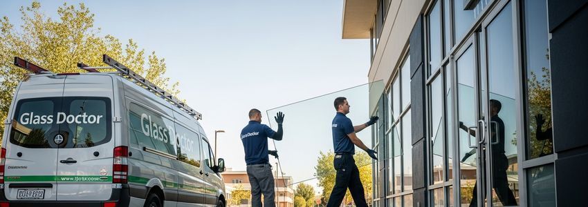 Glass Doctor franchise technicians carrying a large glass panel to a commercial building with a branded service van parked nearby