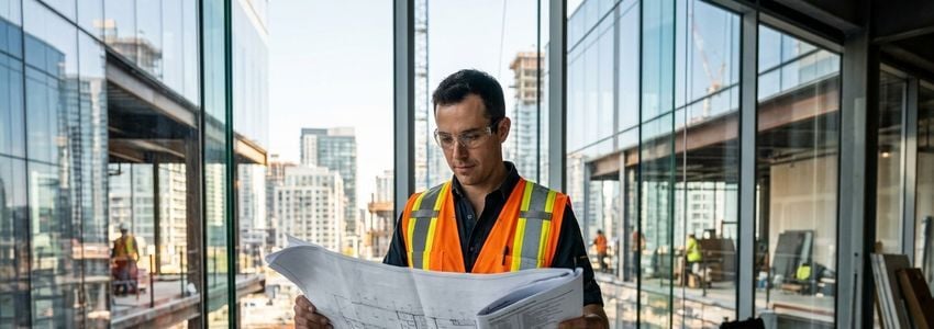 Commercial glazing contractor reviewing project blueprints inside a building with large glass curtain wall installation