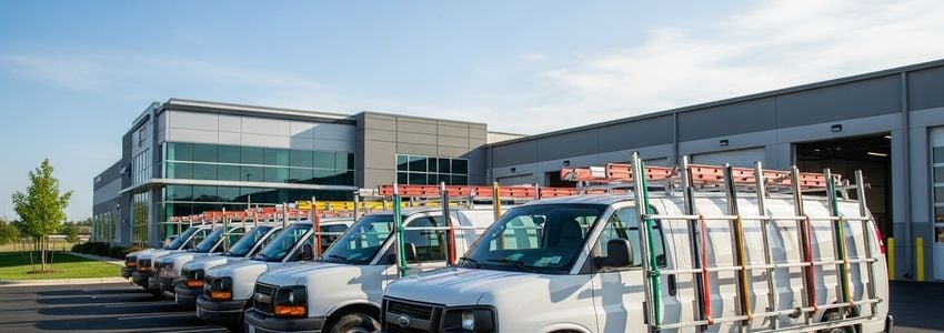 Glass repair company service vans with glass racks at commercial glass shop